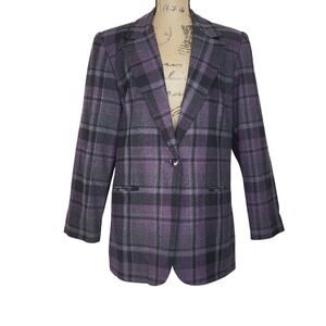 Vintage Sag Habor Estilo Purple Black Plaid Wool Blend One Button Blazer Size 14
